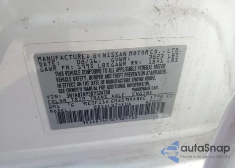 2016 Nissan Sentra S z USA, uszkodzony, nr VIN 3N1AB7AP3GY324758